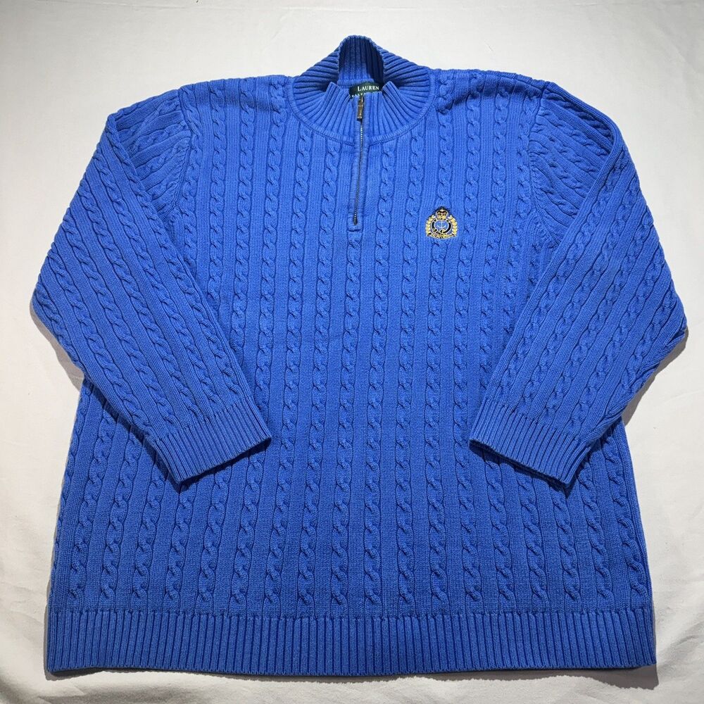 Lauren Ralph Lauren Blue Cable Knit 1/4 Zip Sweater Woman SZ 3X Old Money Preppy